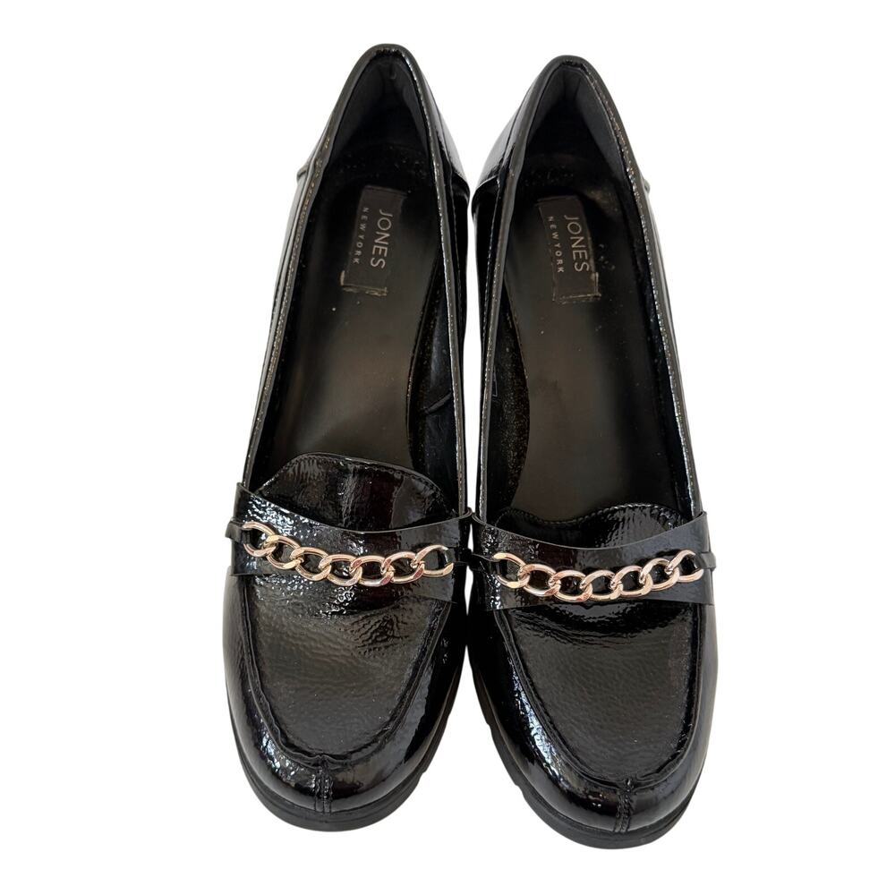 Womens Jones New York Cyrena Patent Leather Silver Chain Chunky Heel Shoes Sz 10